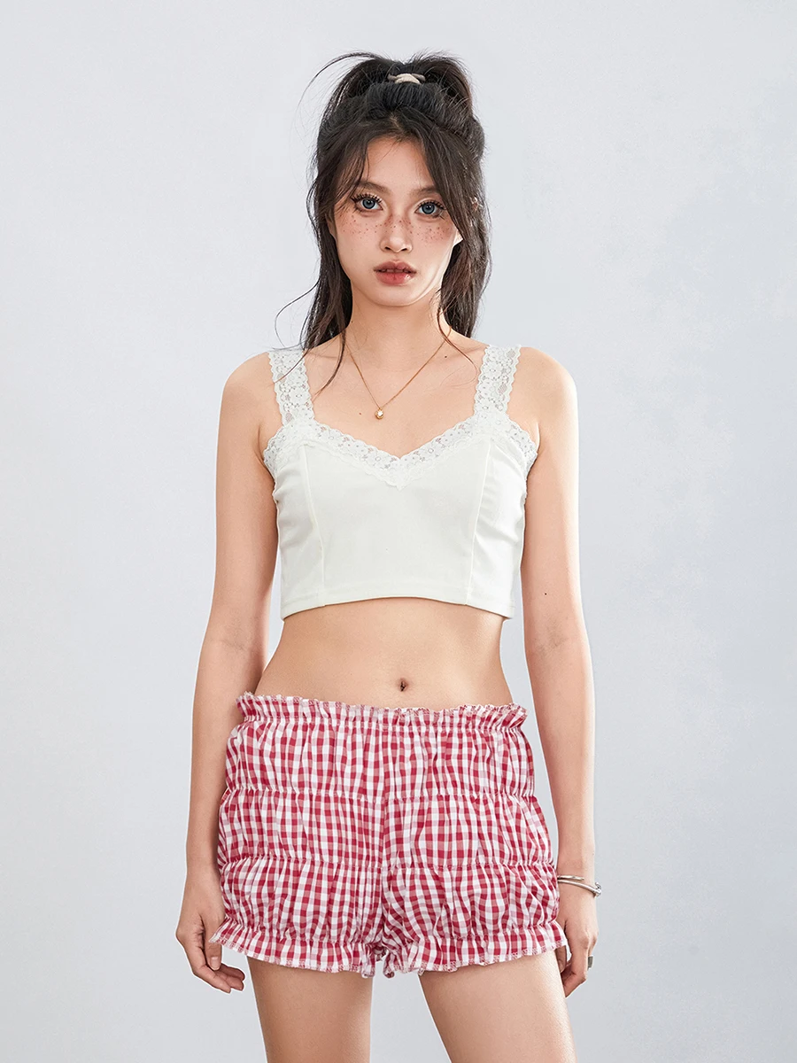 Casual Pyjamabroek Voor Dames Zomer Met Ruches En Strik Plaid Schattige Mini Bloeiers Broek Gingham Boxershort Loungewear