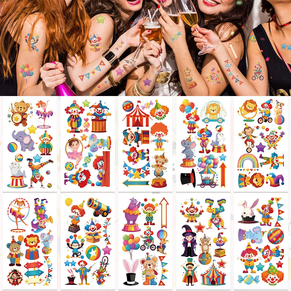 

10sheets Cartoon Circus Animals Clown Tattoo Stickers For Hand Arm Body Temporary Waterproof Tattoo Stickers Kids Creative Gifts