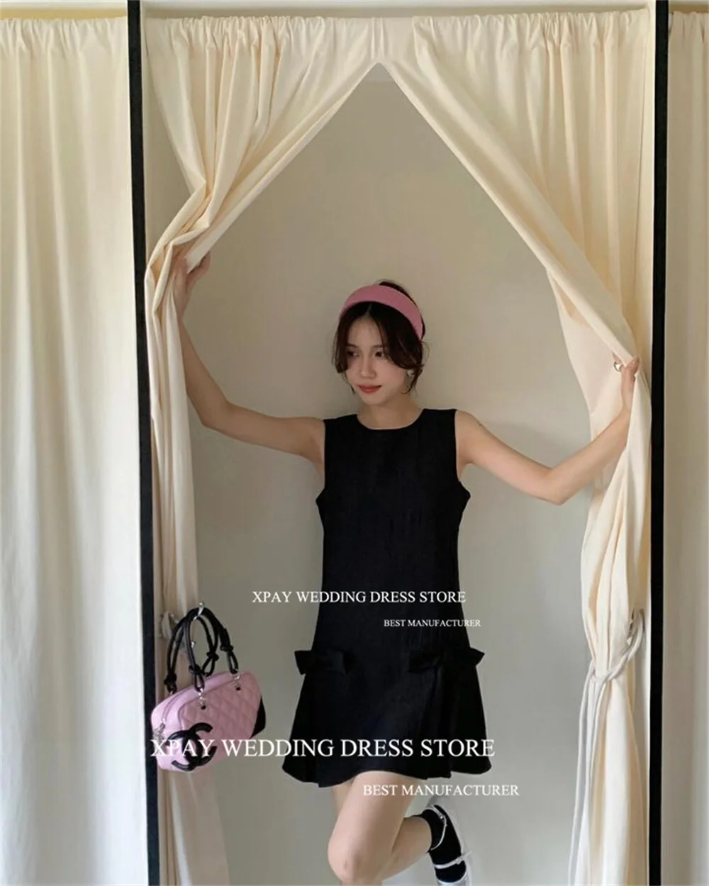 XPAY Simple O Neck Short Korea Wedding Party Dresses Photo Shoot Sleeveless Backless Bridal Gowns Corset Bow Custom Bride Dress