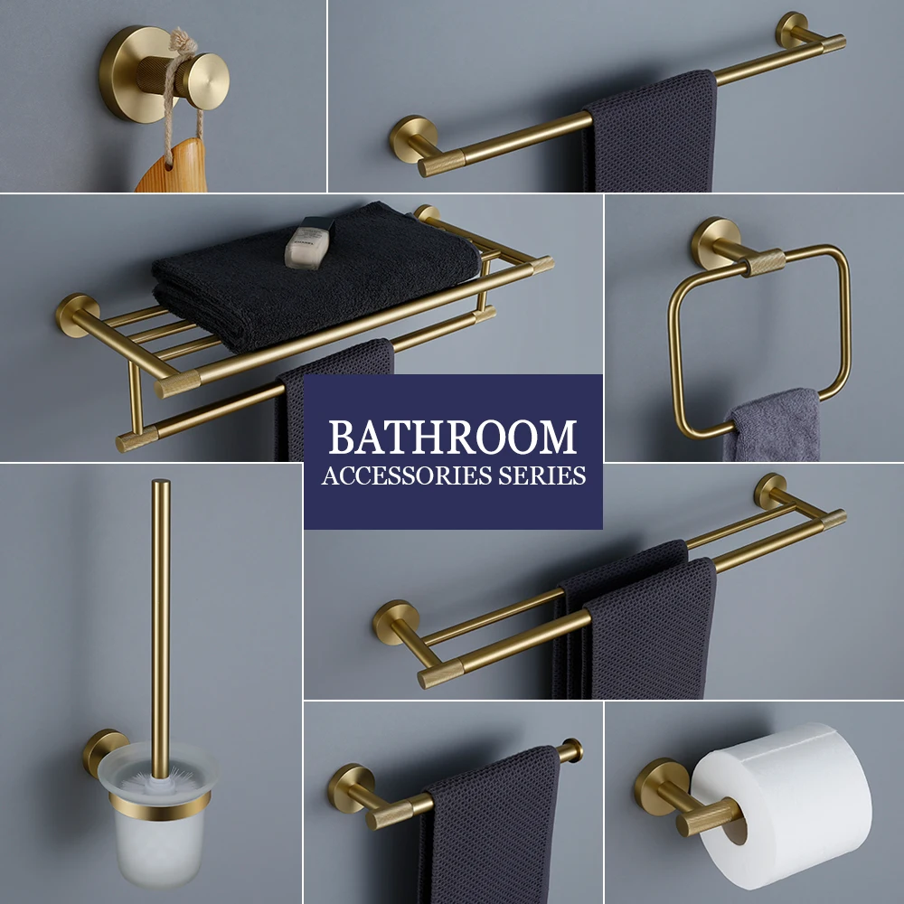 Brushed Gold Towel Rack Knurled Towel Bar Robe Hook Paper Holder Toilet Brush Holder Bathroom Accessories Shelf