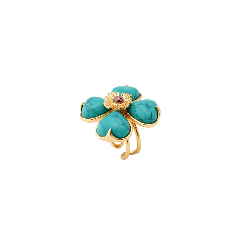 AB/ Copper alloy natural stone four-leaf clover shape design French retro romantic open ring women's jewelry.