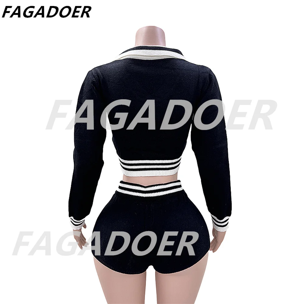 FAGADOER Sexy Knit 2 Piece Set Outfits Women Autumn Preppy Style Stripe Patchwork Cropped Sweater + Shorts Girls Y2k Streetwear