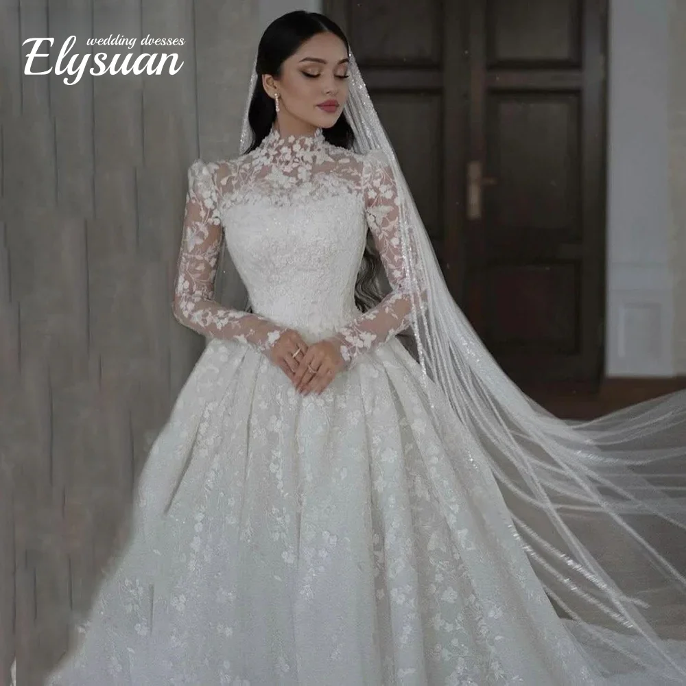 

Customized Vintage Lace Wedding Dress A-Line Appliques High Collar Flowers Bridal Gown Elegant Princess Bride Vestidos De Novia