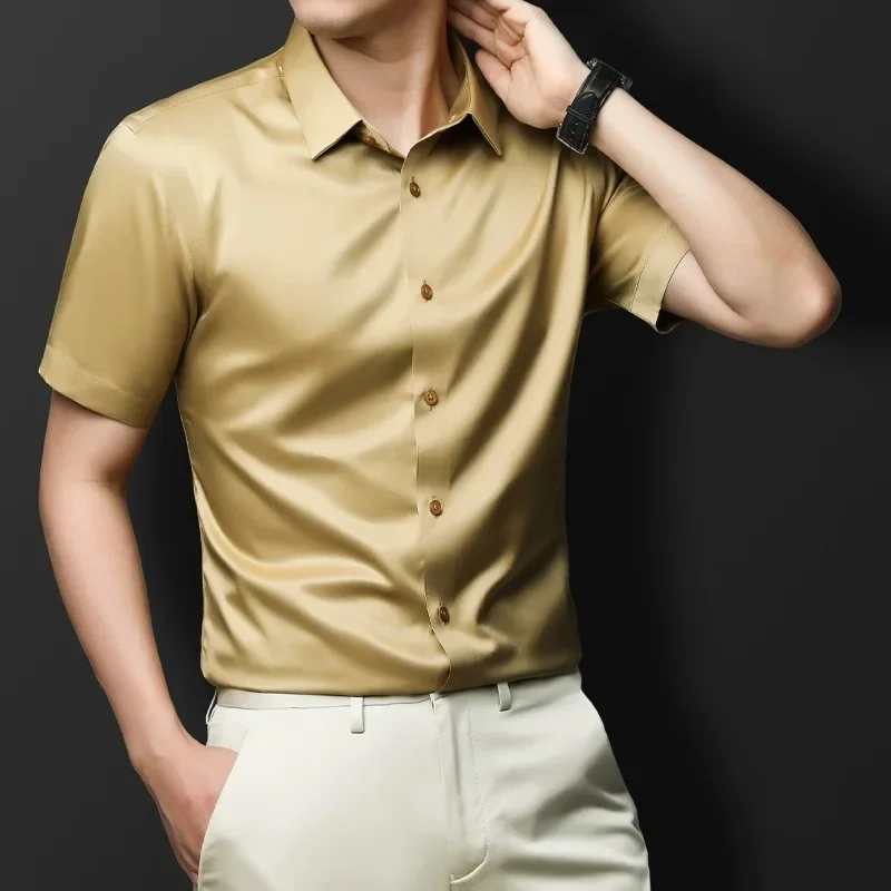 Brown new men's shirt, career, business, leisure, long sleeves, seamless formal clothes, breathable and sweat-absorbent. shirts