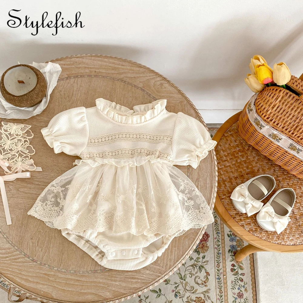 

Summer new baby 0-2 year old clothing for baby girls, Waffle lace small skirt hem, short sleeved jumpsuit, climbing suit, jumpsu