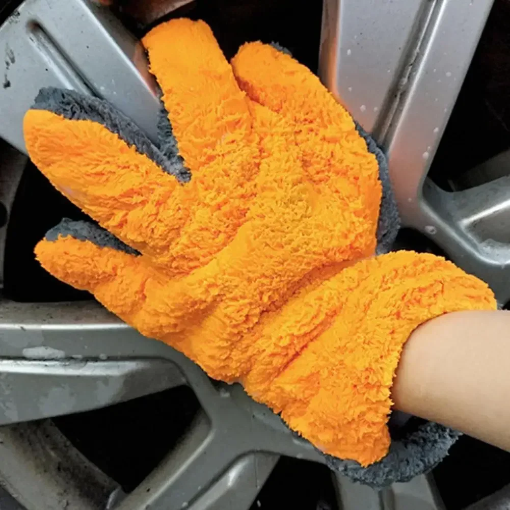 1/2pcs Double-Sided Coral Fleece Car Cleaning Gloves Cratch-Free Wash Mitts Five-Finger Design For Car Glass Wheels Cleaning
