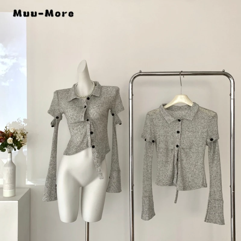 Hotsweet Lapel Y2K Slim Patchwork Asymmetrical Crop Knitted Top  for Women 2023 Autumn Winter Trumpet Sleeve Knitted Cardigan