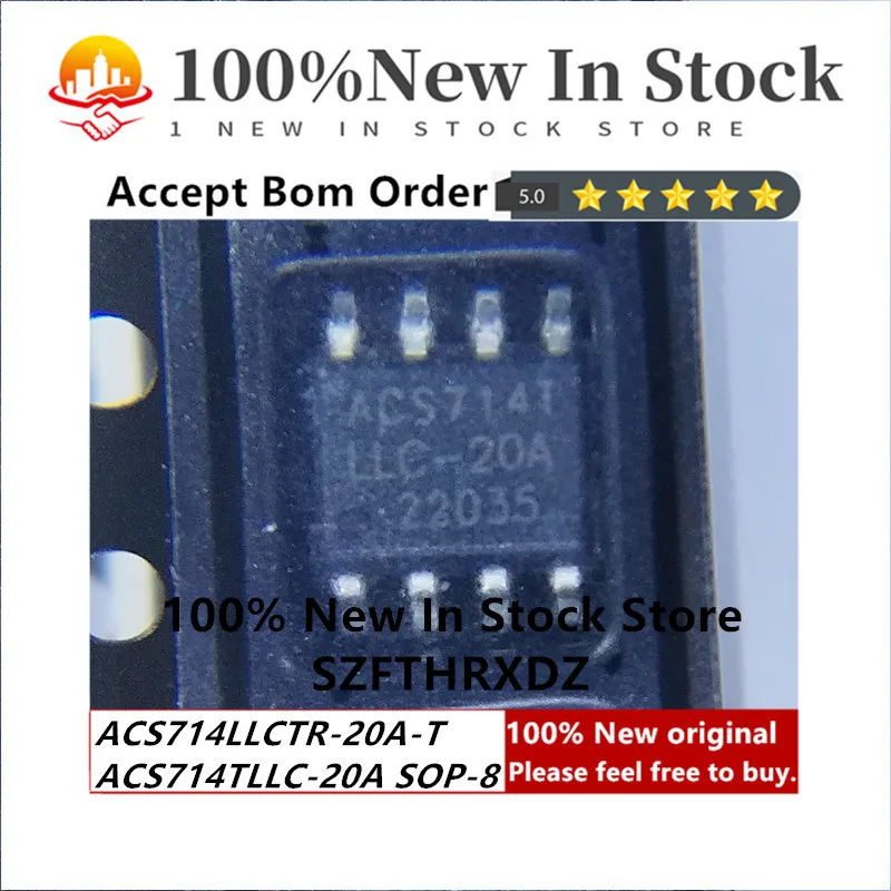 

100% NEW ORIGINAL ACS714LLCTR-20A-T SOP-8 ACS714TLLC-20A SOP8 Open Loop Current Sensor AC/DC Current 5V 8-Pin SOIC N T/R