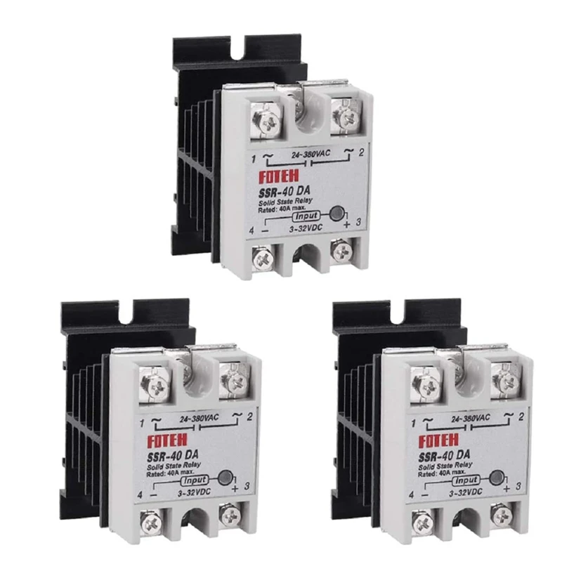 

3PCS SSR-40 DA 40A DC 3-32V To AC 24-380V SSR Solid State Relay + Heat Sink