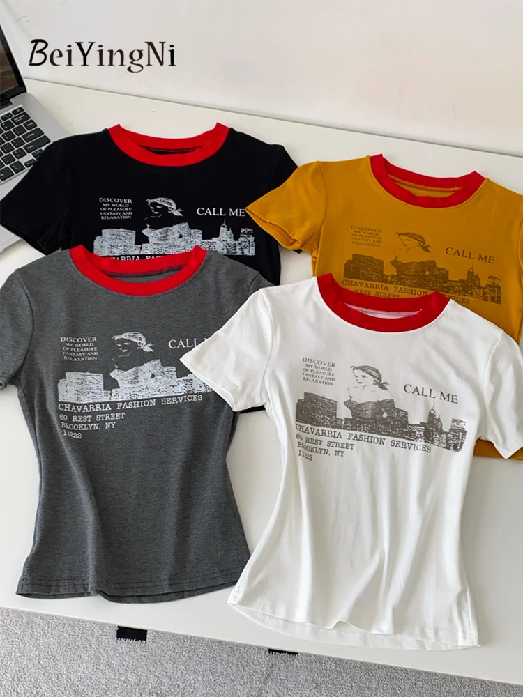 Beiyingni American Style Vintage T-shirts for Women Print High Street Short Sleeve Tops Female Contrast Harajuku O-neck Teeshirt