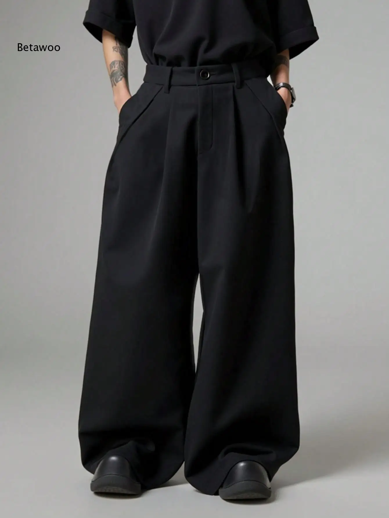 High Waist Pleated Wide Leg Trousers For Men Solid Color Loose Cut Casual Suit Pants For Street Look And Daily Commute Outfits