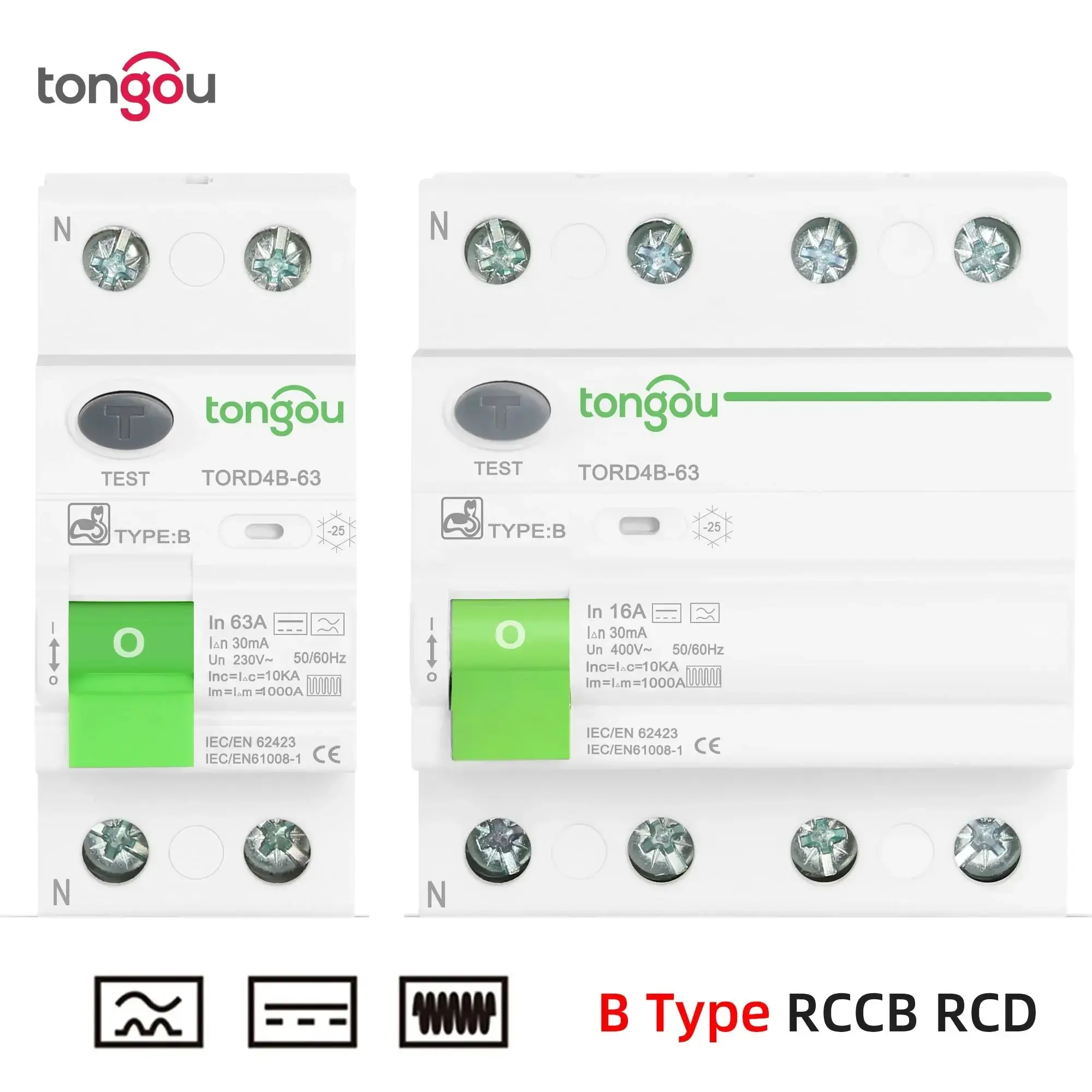 RCD RCCB Tipo B Interruttore automatico corrente residua per perdite di terra Evse 2P 4P AC 40A 63A 30mA 10KA Guida Din 230V TONGOU