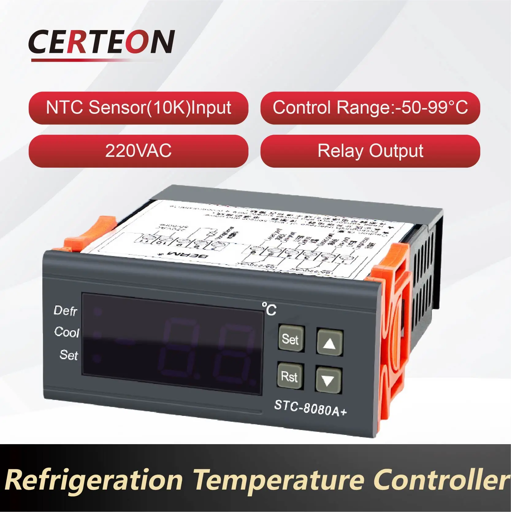 

STC-8080A+ Refrigeration Temperature Controller Digital Thermostat for Freezer Cold Storage Defrost Fridge Use