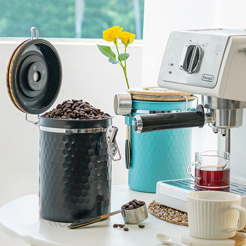 Botes de café de acero inoxidable para cocina, contenedor hermético para almacenamiento de alimentos y granos de café con cuchara