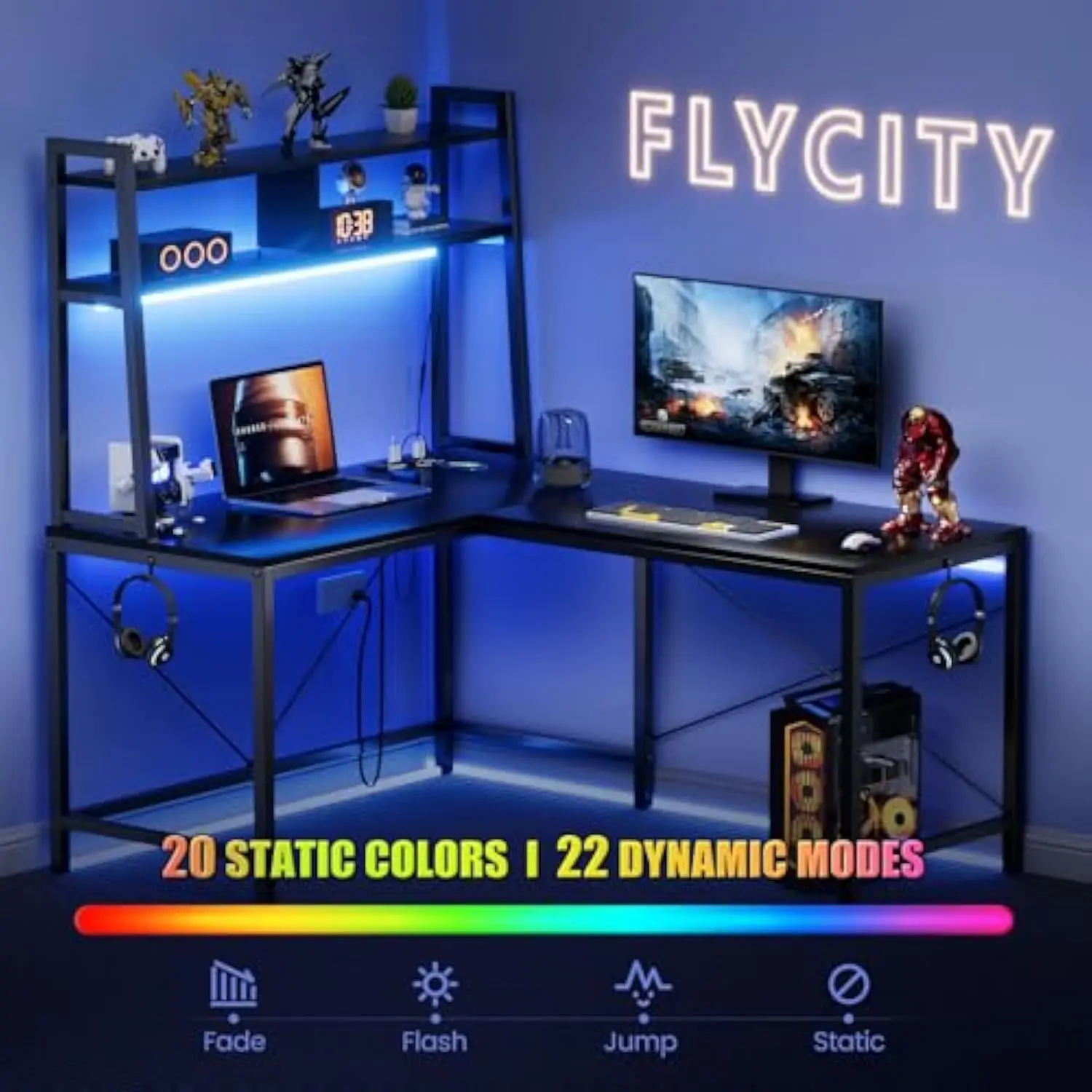 Mesa de jogos em forma de L, mesa de computador de canto de 50 polegadas com tomada elétrica e luzes LED, mesa de jogos em forma de L com armazenamento