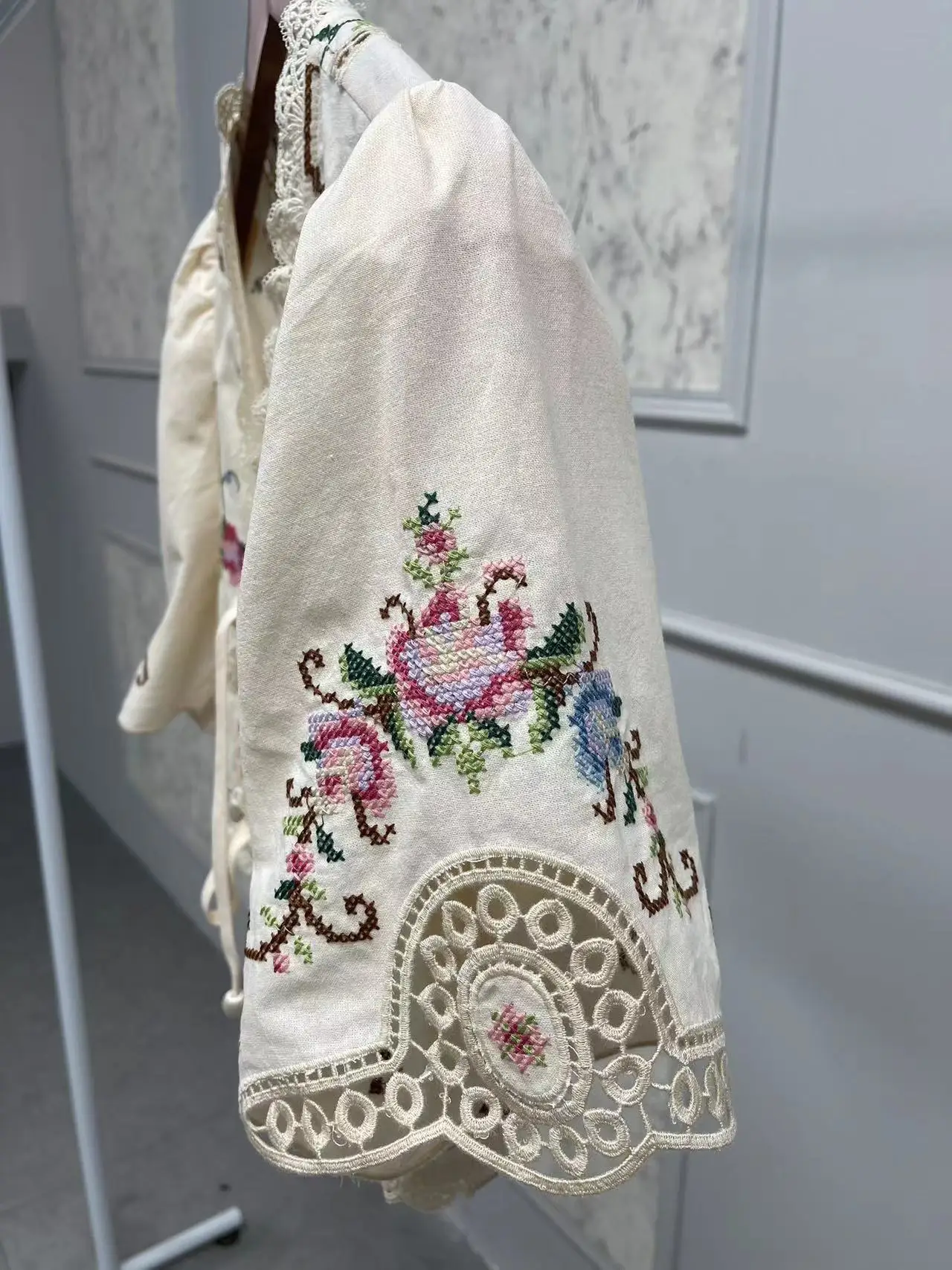 Retro Floral Embroidery Women Short Blouse Lace-Up V-Neck Hollow Out Sweet Fashion Autumn 2024 Lady Cotton Linen Blend Shirt