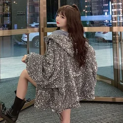 QNPQYX New Fashion Luxury Shiny Sequin Jacket Women Korean Style Loose Bling Bling Hooded Coats Ladies Streetwear Trendy Jackets