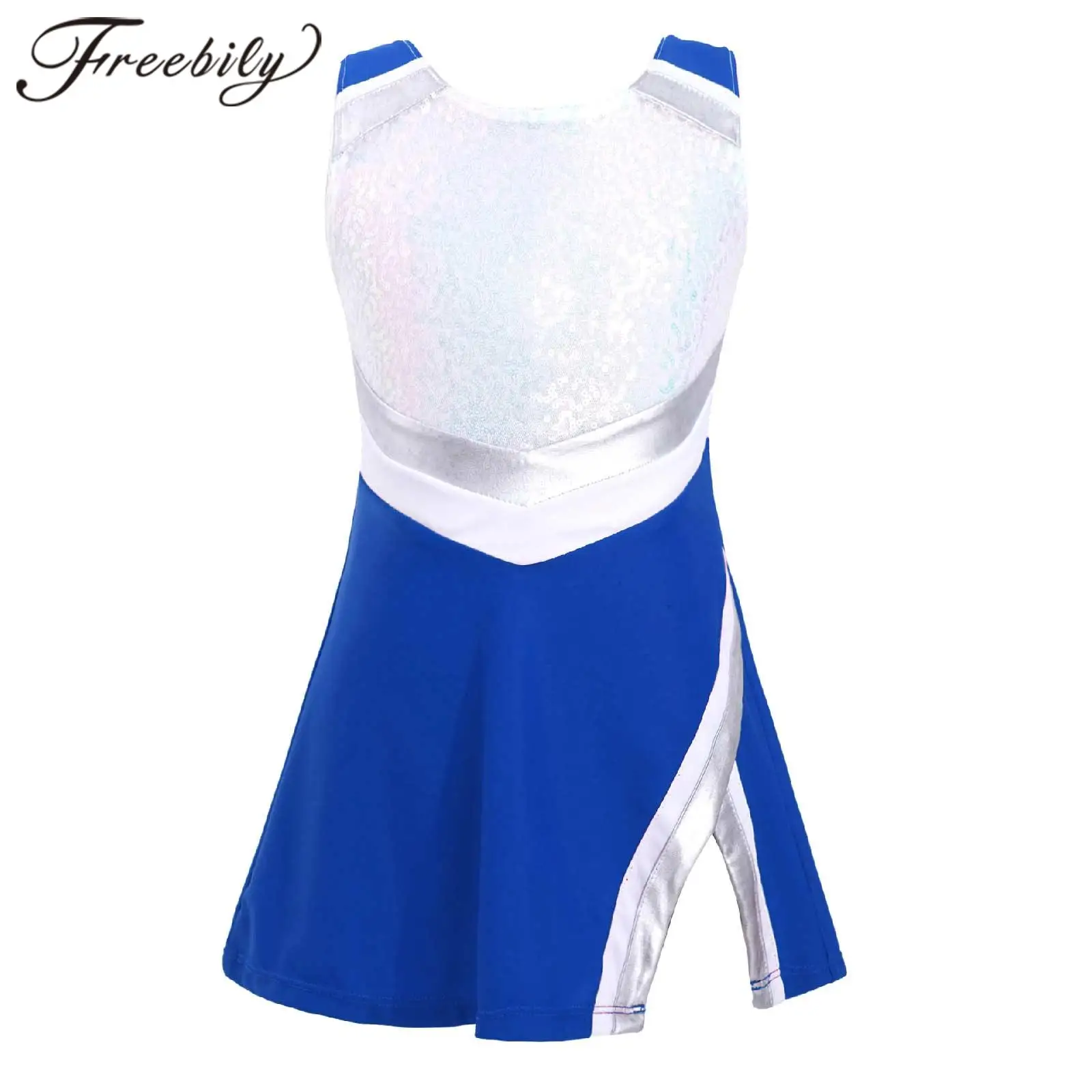 

Kids Cheerleading Dancewear Sleeveless Shiny Sequins Sport Dress with Shorts Set School Girls Cheerleading Uniform Dance Costume