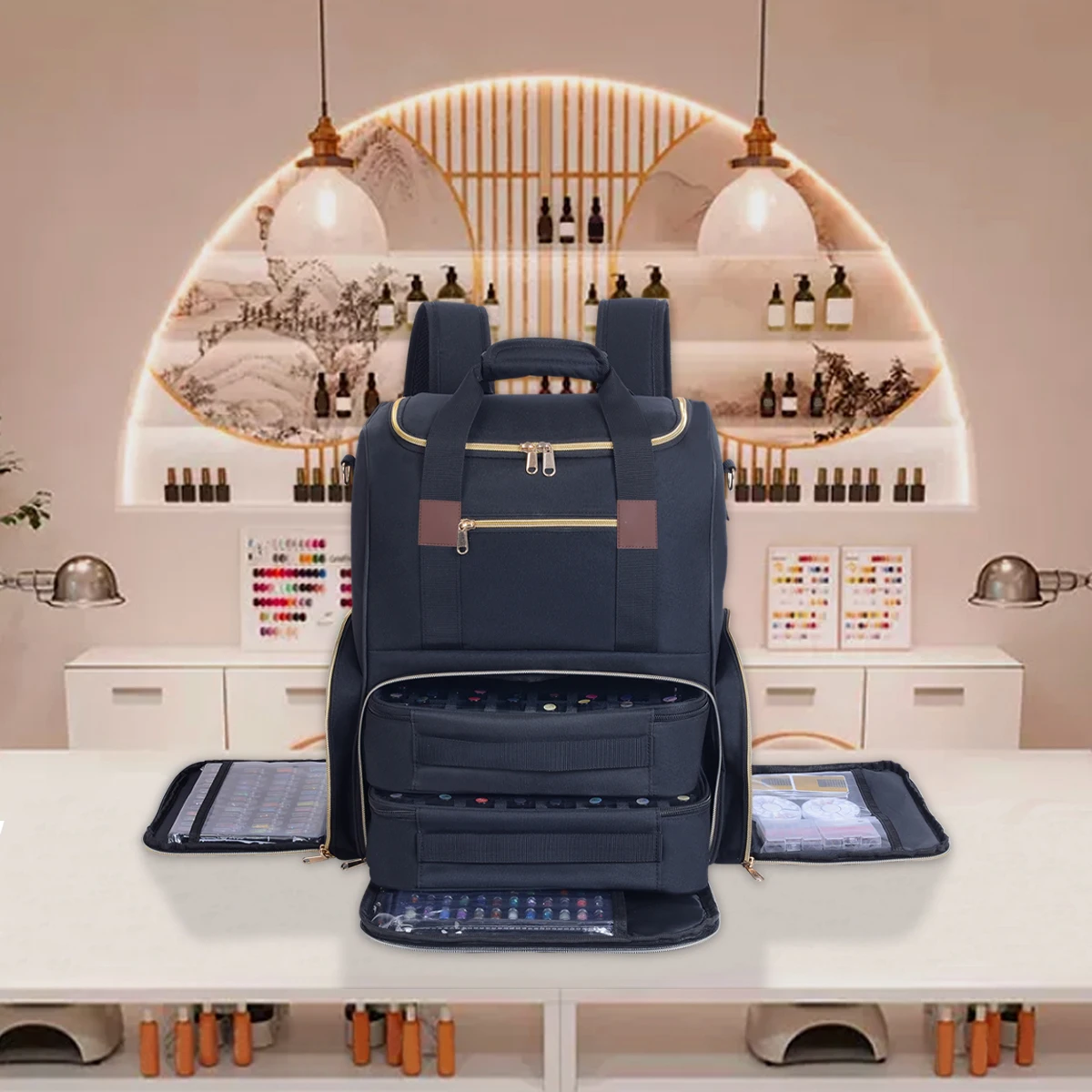 UOZL Nagellack-Organizer-Rucksack für 80 Flaschen und eine Nagellampenzubehör mit 2 herausnehmbaren Hüllen, Aufbewahrungstasche, professionelles Tr – Detail 3