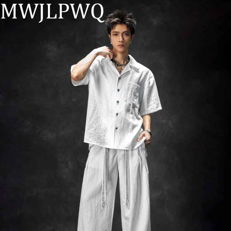 

MWJLPWQ Texture Pleated Niche Design Casual Male Sets Street Tide Ventilate Short Sleeve Shirts Lace Up Wide Leg Pant 010585