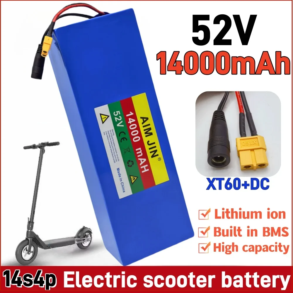 52V 14Ah 14S4P Li-Ion Rechargeable Battery Pack High-power 200-1500W suitable for electric bicycles, scooter Built-in BMS