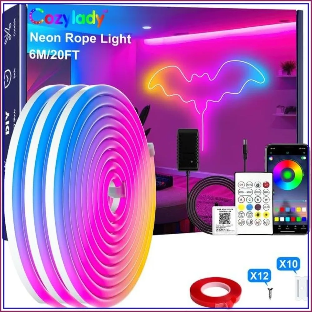 6M RGB Neon LED Rope Light, 20ft Waterproof Bluetooth APP Remote Control Music Sync Strip Light, 24V Flexible DIY Silicone for Bedroom Home Indoor Outdoor Decoration