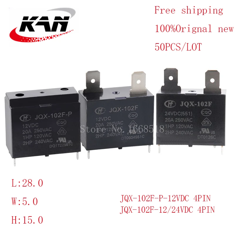 

Free shipping 50pcs relay JQX-102F-12VDC JQX-102F-24VDC 12VDC 24VDC 20A 250VAC 4PIN Original New