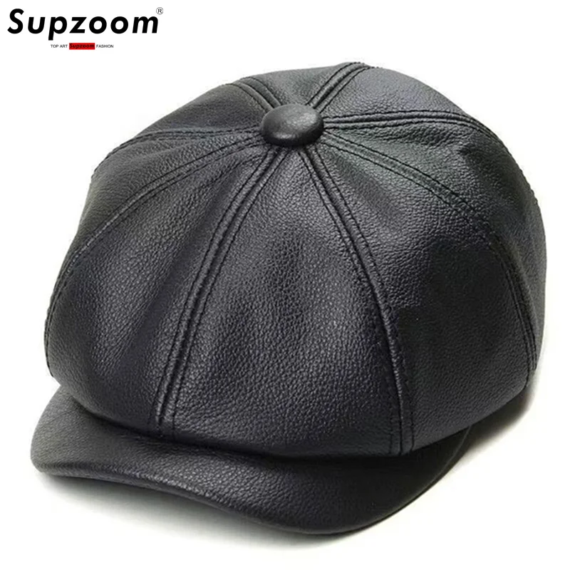 

Supzoom Новое поступление, модная уличная осенне-зимняя кепка с плоским краем, повседневная мужская кепка из натуральной кожи, шляпа газетчика из воловьей кожи