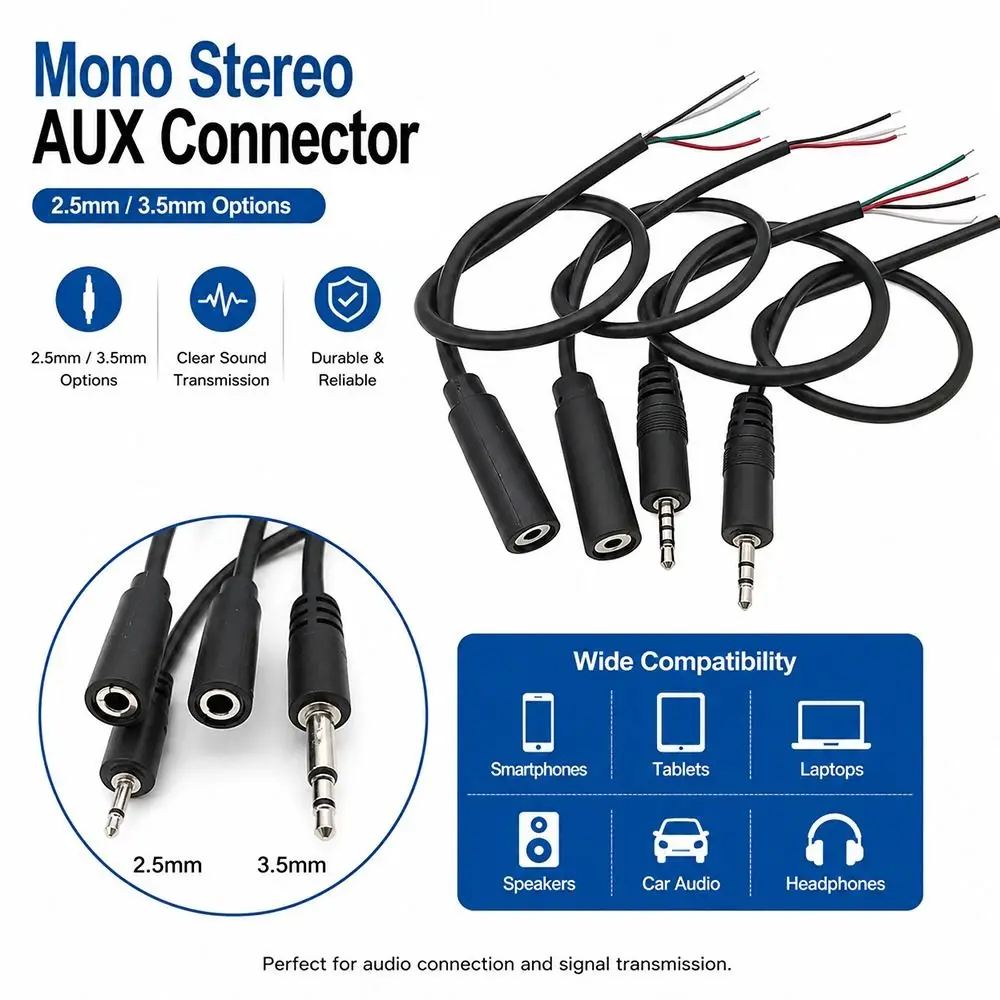 1Pcs 2.5mm/3.5mm Audio Plug Jack 2/3/4Pins 30cm Length Earphone Mic Repair Cable DIY Audio Extension Wire Male Female Connector