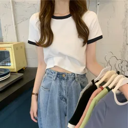 2024 Patchwork Kpop T-shirt Women Korean Fashion Slim Cropped Tops Woman Sexy Vintage Y2K Tee Shirt Striped Japanese Clothes