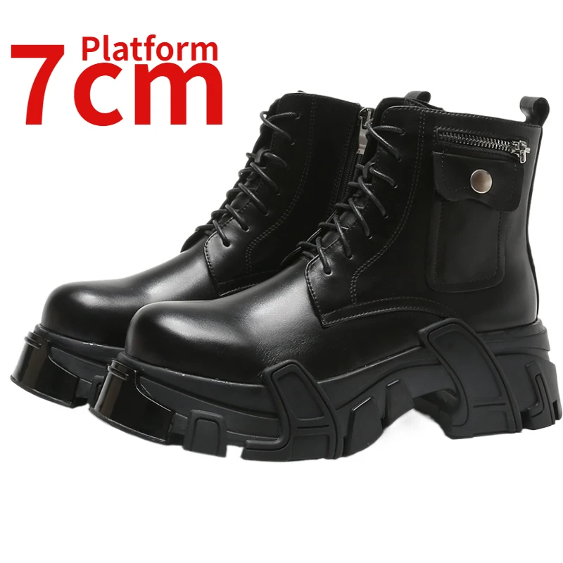 

Height Increasing 7cm Shoes for Men's New Genuine Cowhide Side Zipper Design Blade and Thick Platform Sole Black Short Boots Man