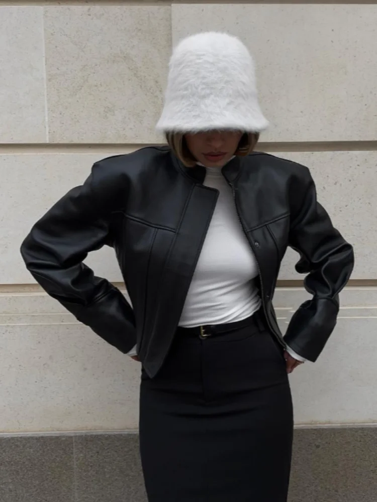 สลิมฟิตเสื้อหนังผู้หญิงคลาสสิกโมโตไบค์เกอร์ PU เสื้อหนังฤดูใบไม้ผลิฤดูใบไม้ร่วงซิปพื้นฐานเสื้อแจ๊กเก็ต