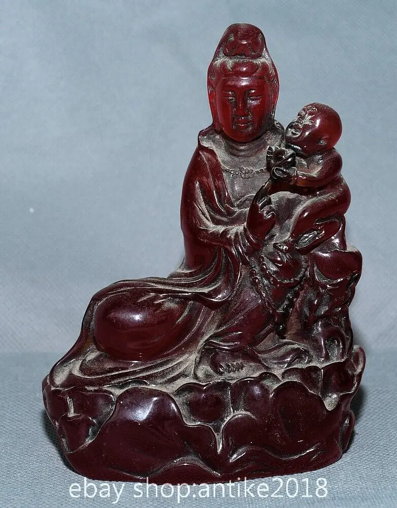

5.6 inch ancient Chinese amber carving Guanyin Guan Yin boy statue sculpture -