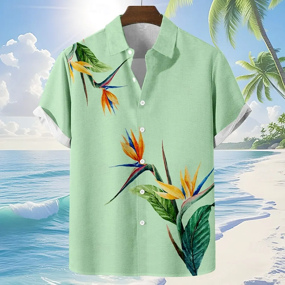 

Plus Size Men Hawaiian Short Sleeve Shirt Tropical Floral Print Casual Button Down Tops Summer Beach Holiday Wear