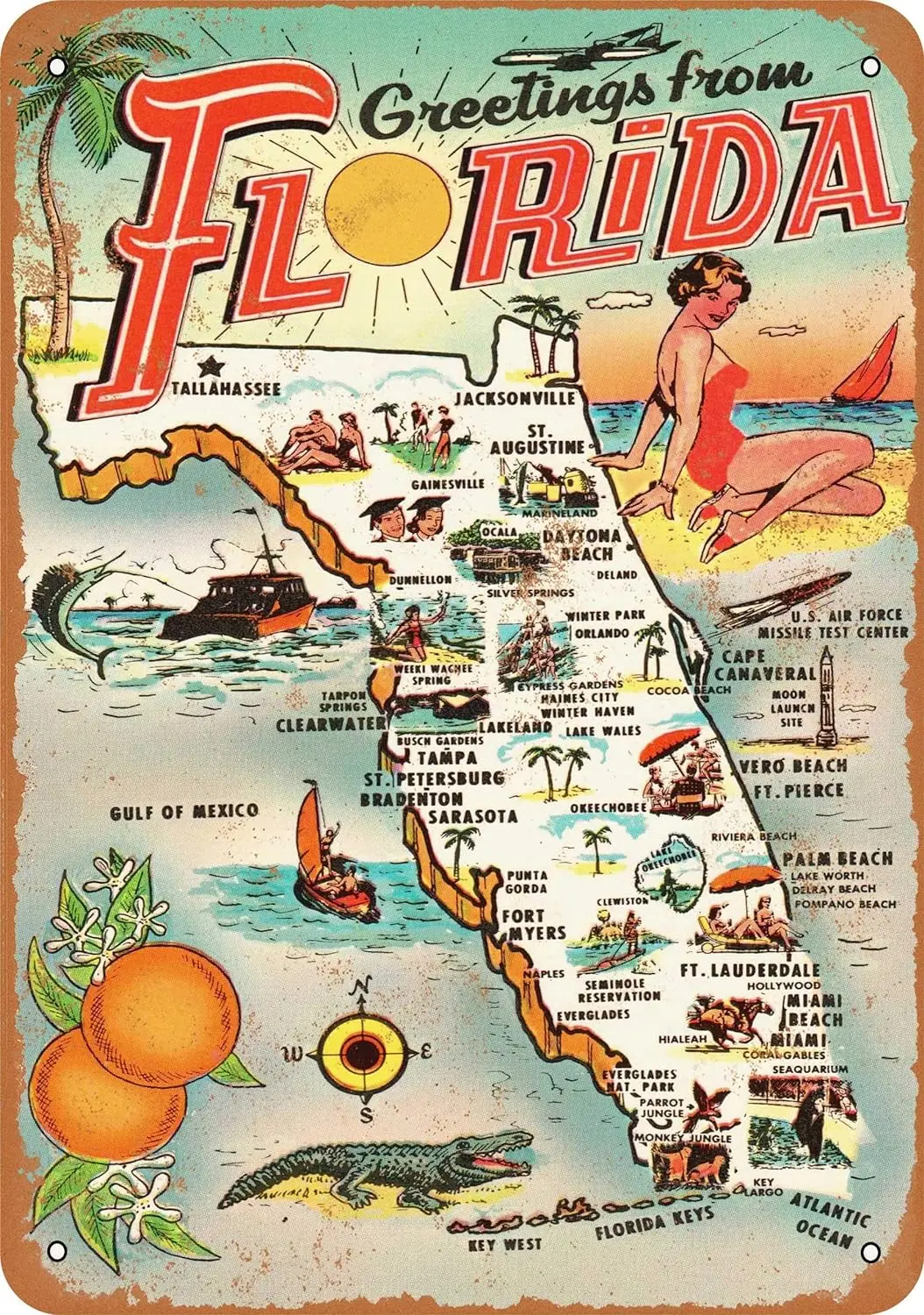 AMELIA SHARPE Vintage Retro Collectible Tin Sign 1954 Greetings from Florida Wall Decoration 12x16 Inch Poster Home Bar Restaura