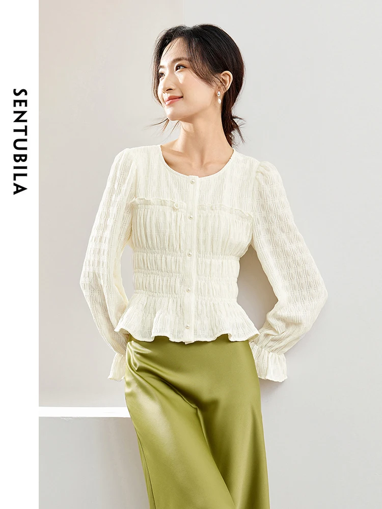 SENTUBILA Textured Smocked Shirts Blouse for Women 2024 Spring Autumn Elegnat Fashion Slim Fit Long Sleeve Womens Tops 141V53354