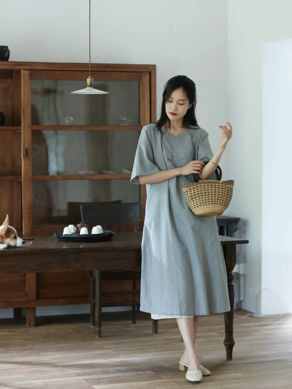 Dazhuo New Chinese Style Wide Comfortable  Silk Pure Color Commute Short Sleeve Dress round Neck Loose Waist A-Line S...