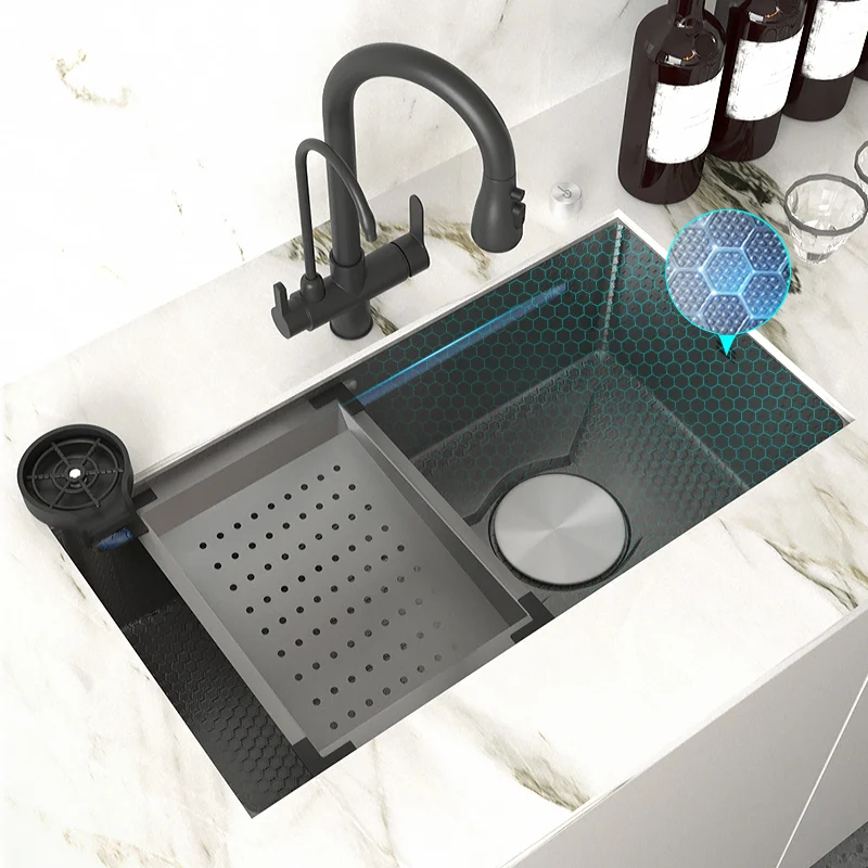 Stainless Steel Embossed Kitchen Sink Large Single Slot Washbasin Multifunctional Washing