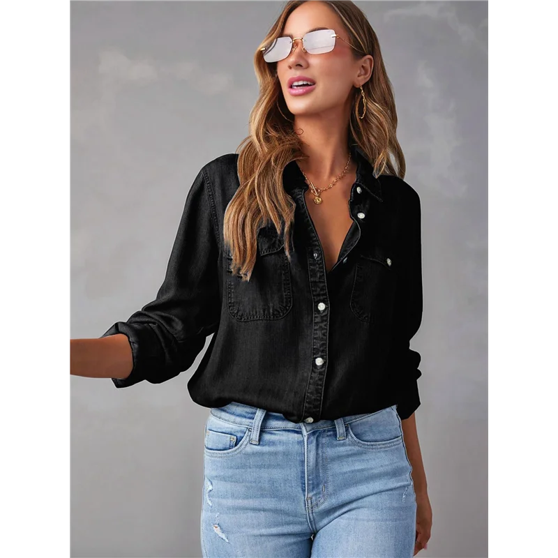 AOAO-Women Button Down Denim Shirts Casual Long Sleeve V Neck Chambray Blouse Top