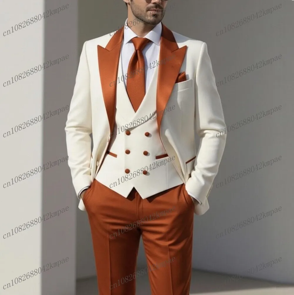 

New White And Orange Formal Men Suit Groom Groomsman Wedding Party Prom Business Male Tuxedos 3 Piece Set Blazer Vest Pants