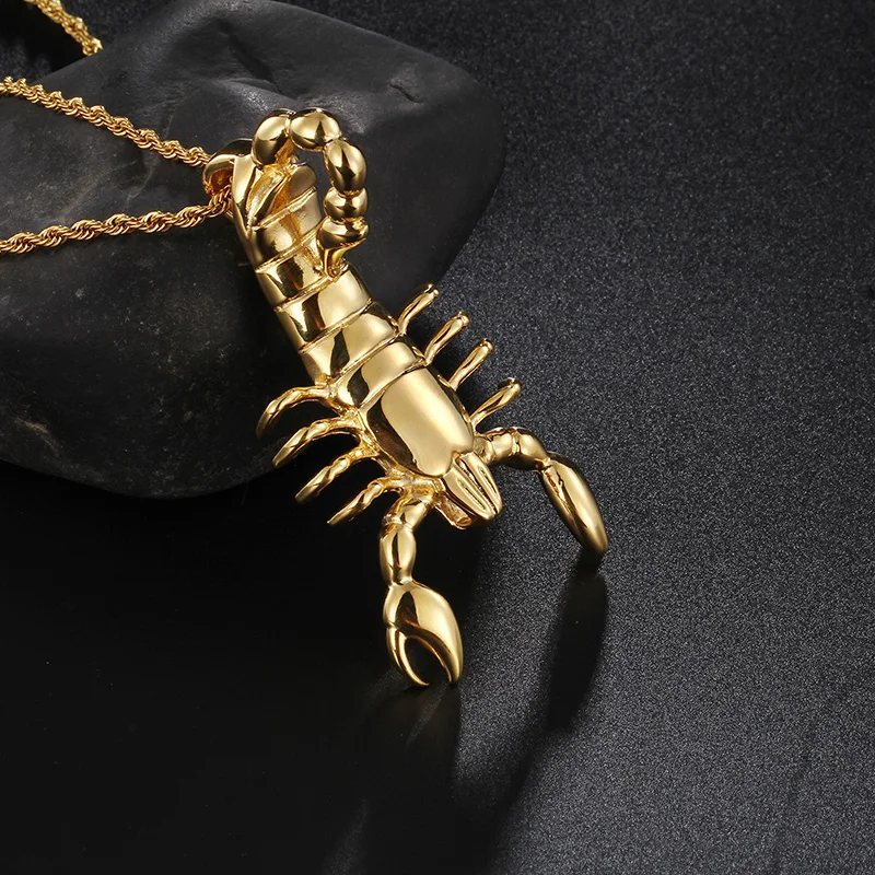 Gold Plated Stainless Steel Scorpion Pendant Necklace Rope Chain 4mm 22inch For Mens Women Cool Jewelry Gifts