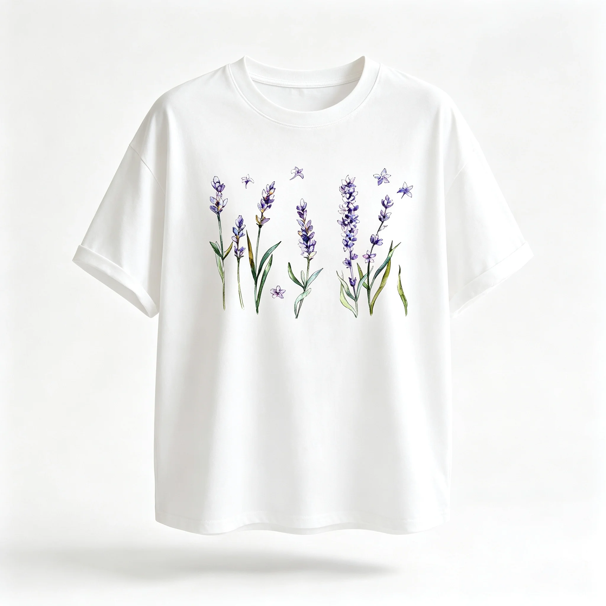 Lavender Flower Casual Top, Cute Butterfly Botanical Graphic Tee, Soft Cotton Short Sleeve T-Shirt, Loose Fit Summer Fashion Tee
