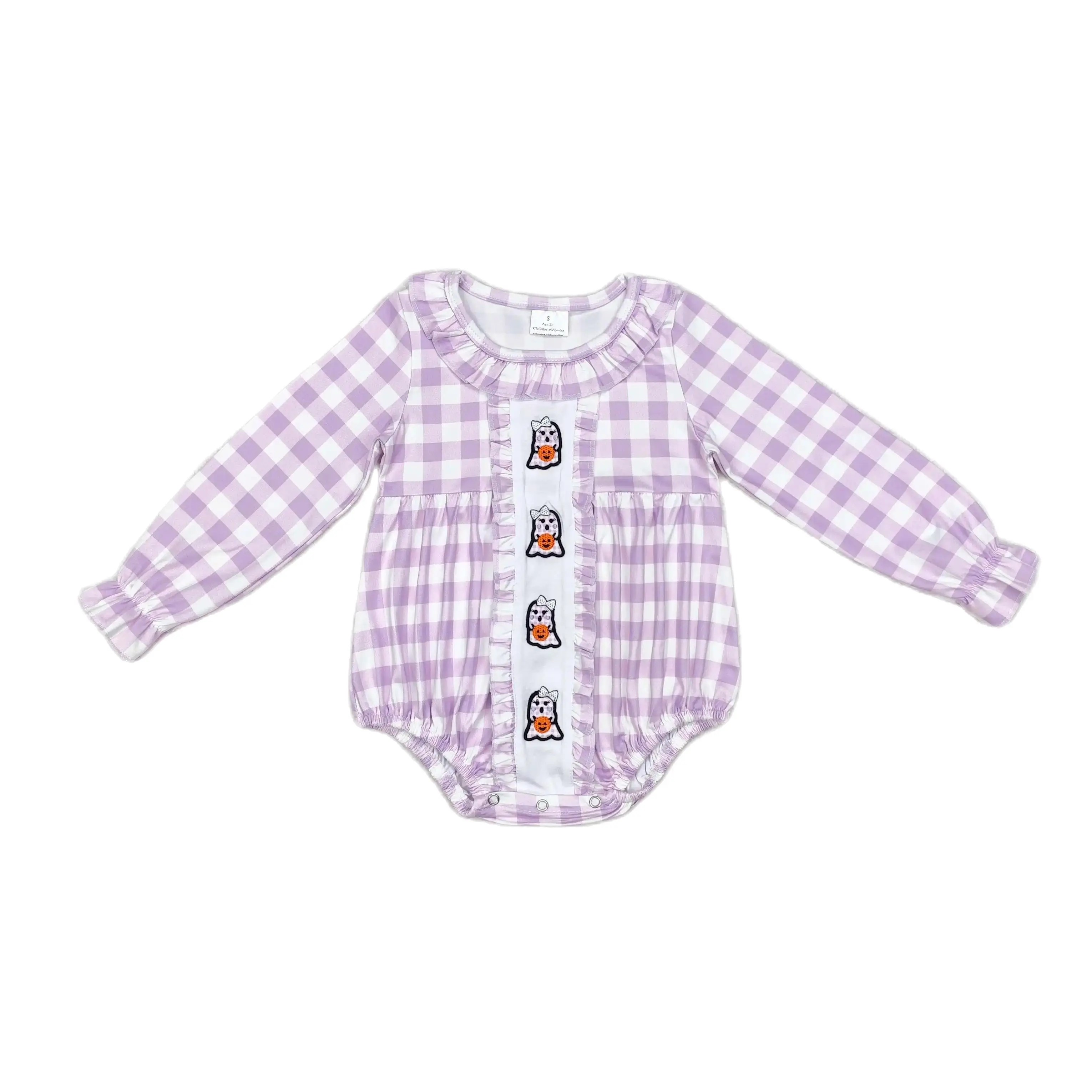 LR1299Fashionable Baby Girl Clothes Long Sleeves Embroidery Ghost Pumpkin Purple Plaid Print  With Jumpsuit Children Clothes Rts