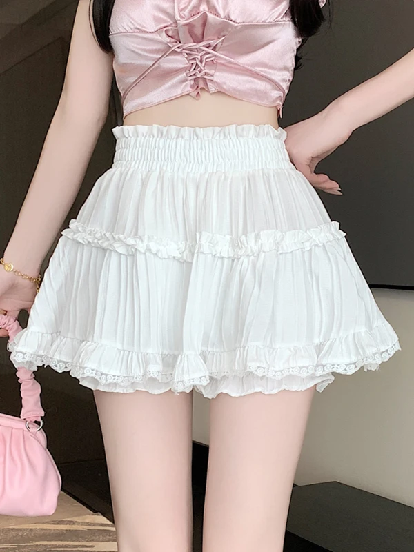 プラスサイズ女性用ホワイトレーストリムハイウエストパフスカート春夏新作スイートケーキスカート（全体型対応）