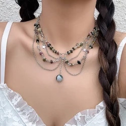 Lacteo Y2K Natural Stone Beads Pendant Necklace for Women Round Ball Tassel Choker Jewelry Collar Neck Chain Girls 2024 Party