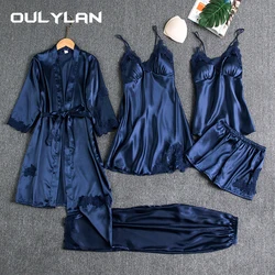 Ladies Satin Pajamas Set 5 Piece Pajamas Women Set Woman Sexy Night Wear Fancy Pajamas Pajamas for WomenLace Satin Pajamas Gown