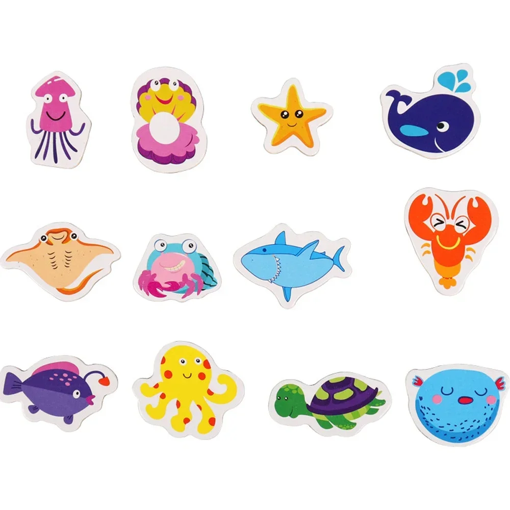 12pcs Fridge Magnets Animal Fish and Crab Wooden Fridge Magnet 3D Cartoon Sticker Toy for Kids Diy Office Whiteboard Gadget