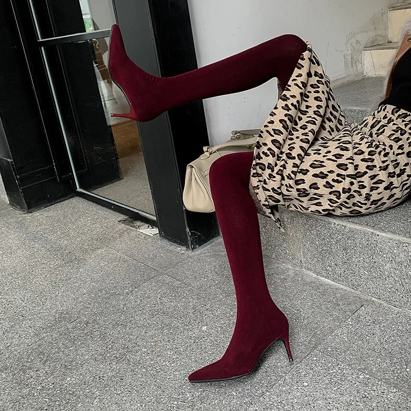 Stiletto Heel Burgundy Over-The-Knee Boots Pointed High-Heeled Elastic Pants Botines Large-Size Knitted Women Shoes Chaussure