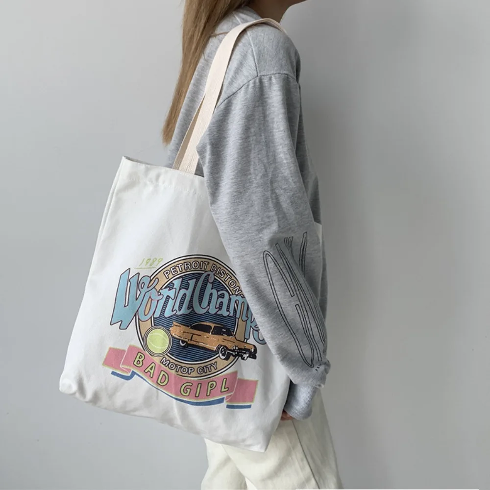 

Portable Solid Color Canvas Bag Lovely Print Zipper Student Handbag Square Shape Tote Bag