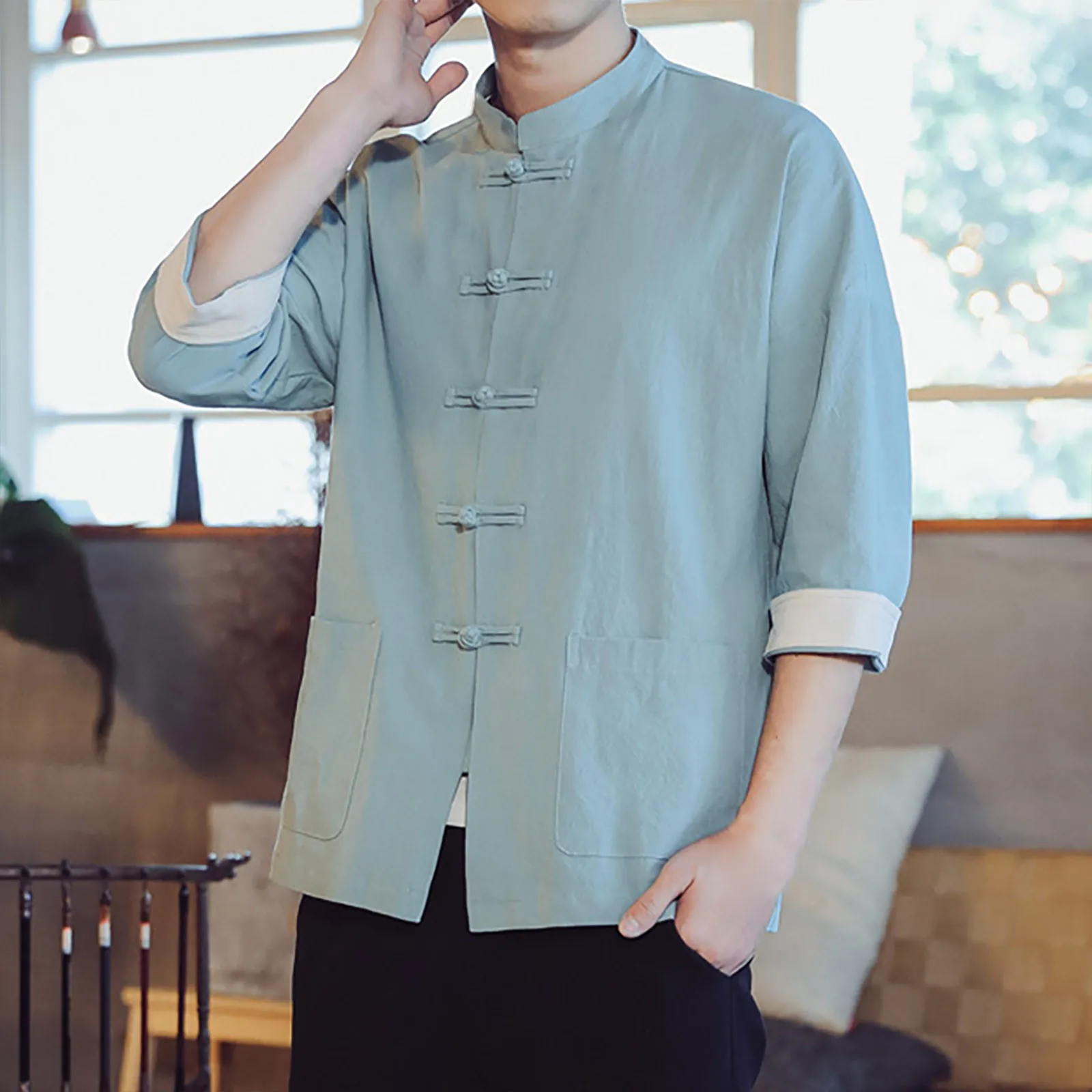 2023 New Chinese Style Mens Tops Tang Suit Linen Half Sleeve Solid Traditional Kung Fu China Style Hanfu Shirt Plus Size Camisas